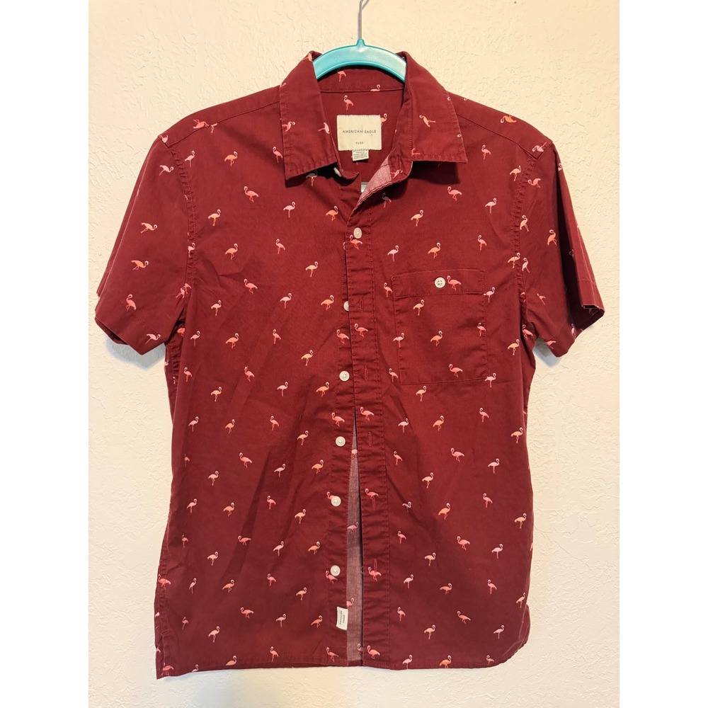 American Eagle Flex Men Shirt XS Flamingos Button Up Dark Red Stretch Valentine - Picture 9 of 13